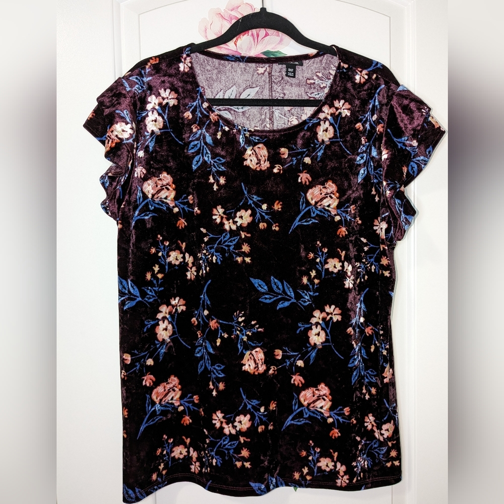 A.N.A. Velvet Floral Top w/ Ruffle Sleeve